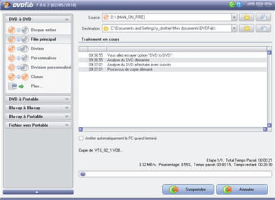 copie d'écran du logiciel dvdfab en cours d'utilisation