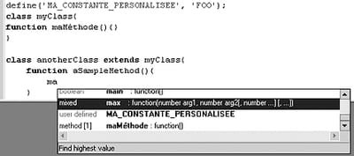 figure 28-6 : utilisation de code insight pour phpedit