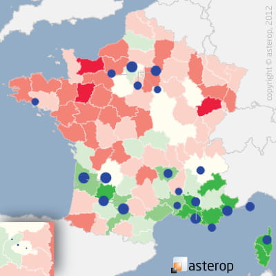 les cercles bleus représentent les 20 premiers pôles commerciaux du secteur. la