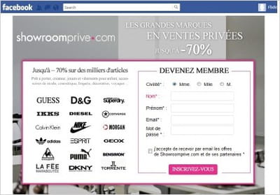 formulaire d'inscription à showroomprivé intégré à son application facebook