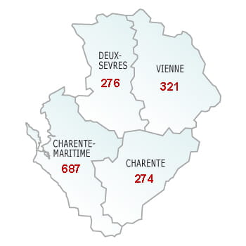 en rouge, le nombre de défaillances dans le département.