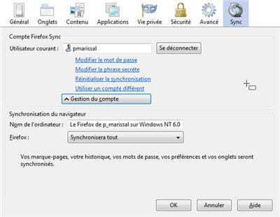 pour trouver sync, se rendre dans les options, onglet sync et créer son compte