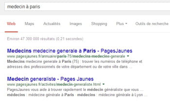 des listes de réponses de pagesjaune.fr remontent sur la requête 'médecin à