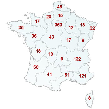 en rouge, le nombre de défaillances dans le secteur par région.