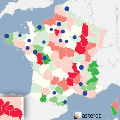 les cercles bleus représentent les 20 premiers pôles commerciaux du secteur. la