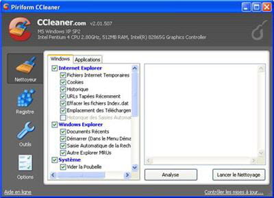 l'interface du logiciel de nettoyage ccleaner