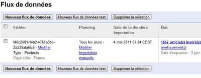 capture d'écran de la page flux de données de google merchant center