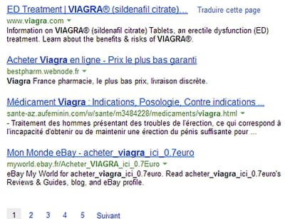 bing affiche, en bas de sa page de résultats sur 'viagra', le site officiel de