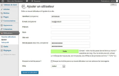 interface de gestion des droits utilisateurs sous wordpress.