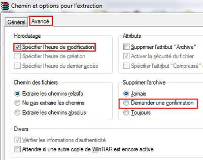 les options avancées d'extraction de fichiers sous winrar.