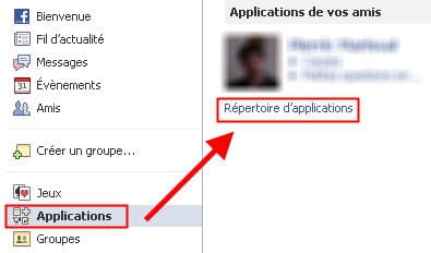 copie d'écran de la fonction applications sur un compte facebook.