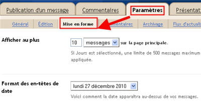 copie d'écran de l'option 'mise en forme' du menu 'paramètres' de blogger