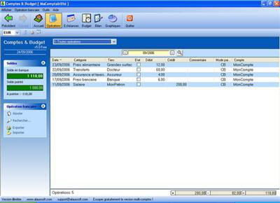 le logiciel comptes & budget free en cours d'utilisation.