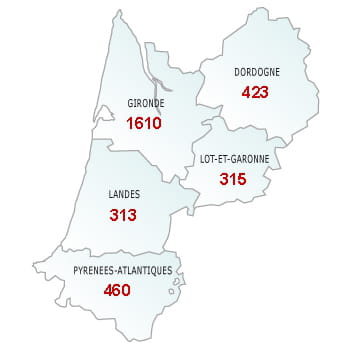 en rouge, le nombre de défaillances dans le département.