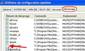 le menu utilitaires de configuration système sous windows xp.
