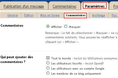 copie d'écran du sous-menu 'commentaires' sous blogger.