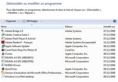 la liste des applications dans vista