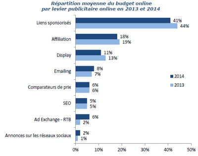 répartition moyenne du budget online par levier publicitaire online en 2013 et