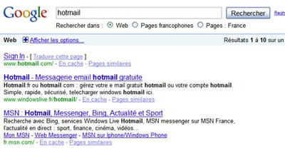 résultats de google pour la requête 'hotmail' 