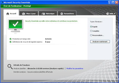 copie d'écran du logiciel microsoft security essentials.