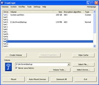 l'interface du logiciel de chiffrement truecrypt