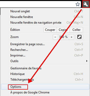 le menu des options