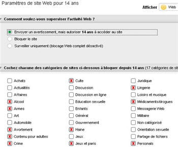 pour chaque enfant, on choisit les thèmes d'alertes : sexe, violence, suicide,
