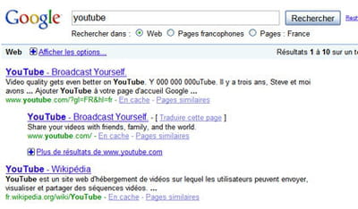 résultats de google pour la requête 'youtube'