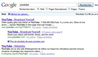 résultats de google pour la requête 'youtube' 