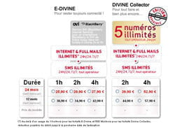 copie d'écran de la grille tarifaire des forfaits e-divine de virgin mobile. 