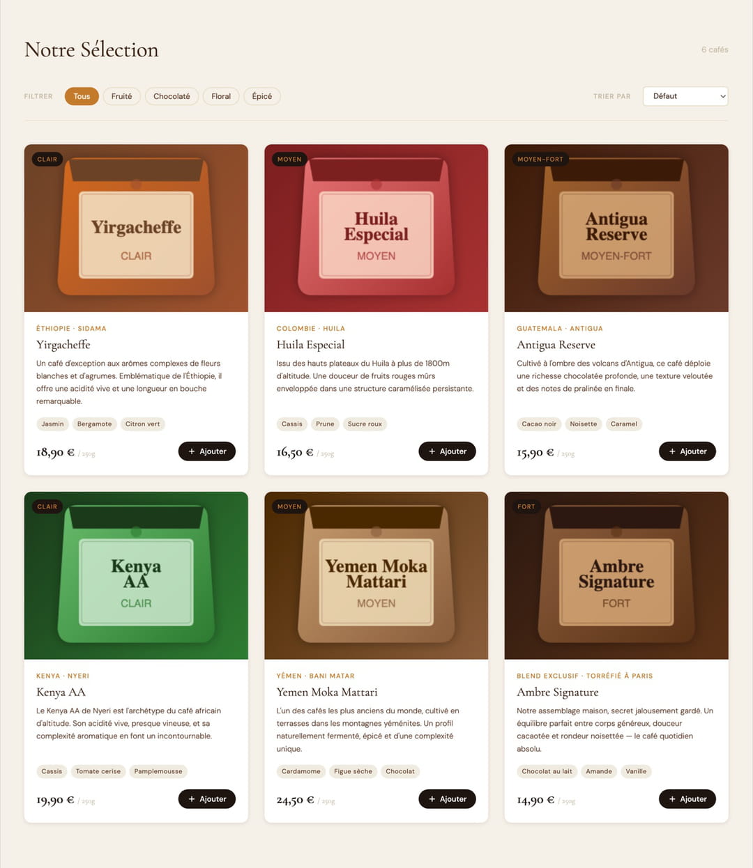 Catalogue Ambre Roasters générée par IBM Bob