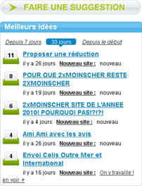 le module 'meilleures idées' sur feedback.2xmoinscher.com 