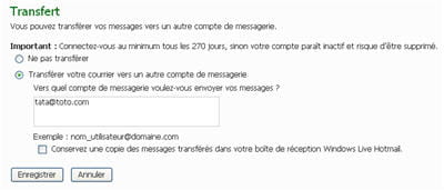 l'option transfert des informations sur hotmail.