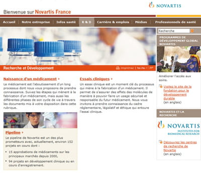 une page du site corporate de novartis 