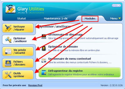 le menu modules débloque l'accès à des fonctions additionnelles bien pratiques