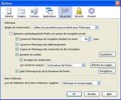 les options de vie privée de firefox au complet