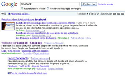 résultats de google pour la requête 'facebook'