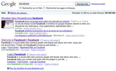 résultats de google pour la requête 'facebook' 