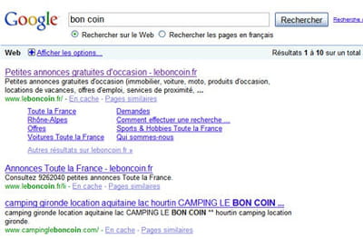 résultats de google pour la requête 'bon coin'