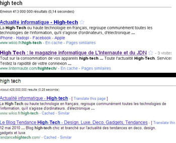 en haut, une recherche google classique : l'internaute high-tech est en 2ème