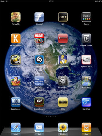 le menu principal de l'ipad, sensiblement identique à celui de l'iphone os.