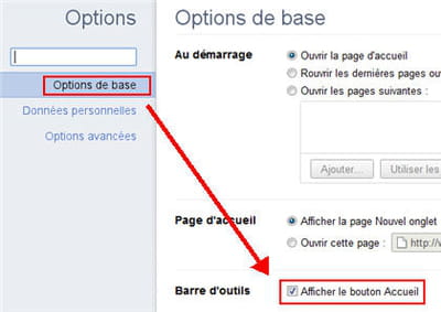 l'option pour afficher le bouton accueil.