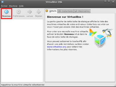 écran principal virtualbox