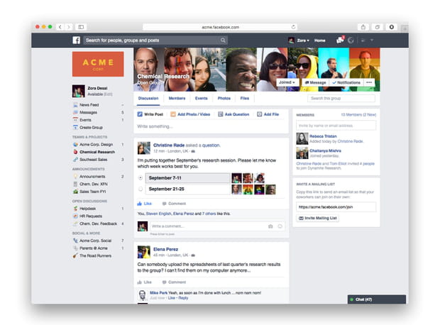 Page d'accueil de Facebook at Work