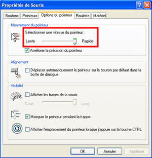 le menu souris du panneau de configuration windows.
