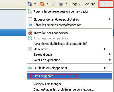 l'option pour activer la suggestion de sites par internet explorer