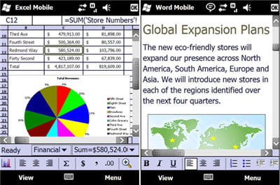 un aperçu des versions téléphone portable d'excel (à gauche) et de word (à