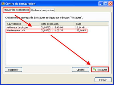 choisissez une sauvegarde à restaurer pour revenir à l'état du système avant les