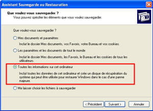 le menu de l'utilitaire de sauvegarde sous windows xp.
