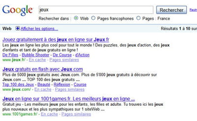 résultats de google pour la requête 'jeux'
